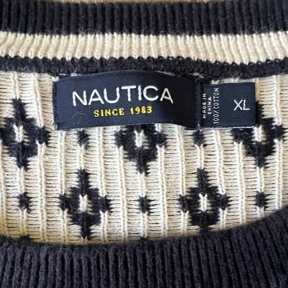 Nautica Men’s XL 100% Cotton Fair Isle Sweater Black White Geometric Crewneck - Picture 5 of 6